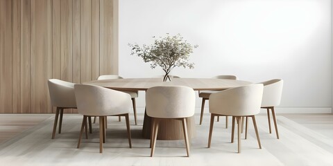 Scandinavian modern living room featuring rustic round table, beige chairs, and paneling wall. Concept Scandinavian Design, Modern Interiors, Rustic Furniture, Beige Color Palette, Paneling Wall