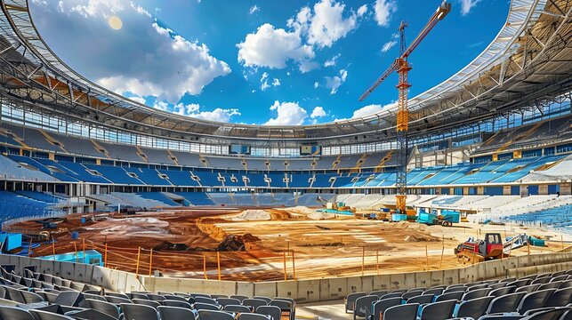 expansive stadium under construction with machinery and cranes, large-scale building