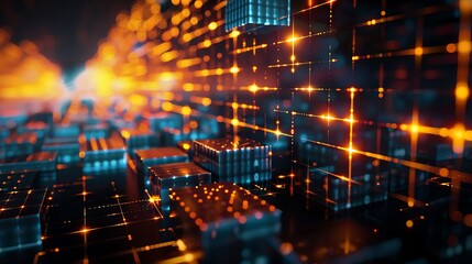 Obraz premium Abstract digital cityscape with glowing lights and futuristic technology, showcasing a vibrant, high-tech urban scene in vivid colors.