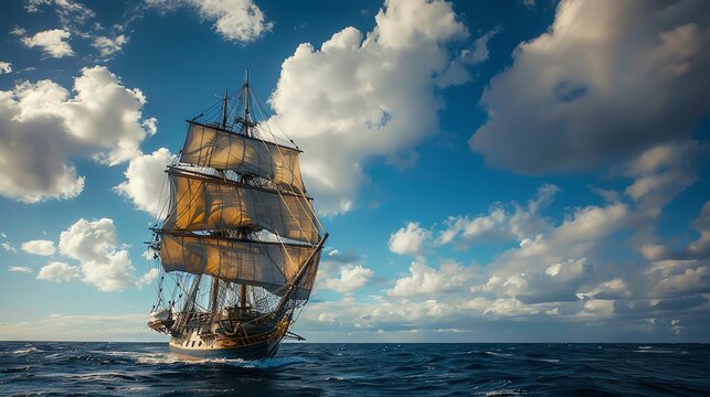 Beautiful tall ship sailing on the open ocean with clouds in the background during a sunny day, capturing the spirit of adventure and exploration.
