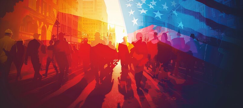 Silhouette of people march protest with America flag double exposure effect. 4th of July or America independence day. Generative AI technology.