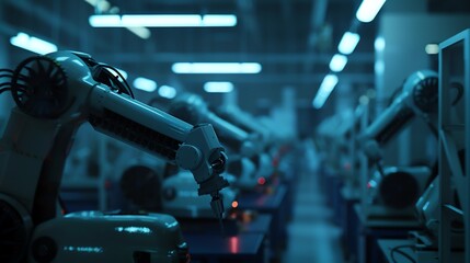 Naklejka premium A row of robotic arms working in a factory setting, showcasing the automation technology in an advanced manufacturing environment.