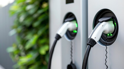 one sleek electric vehicle charging stations mounted on a grey wall with greenery in the background