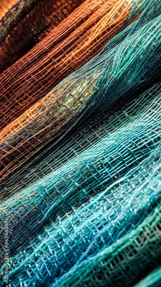 Poster a close up of a blue and green patterned fabric with a mesh texture.