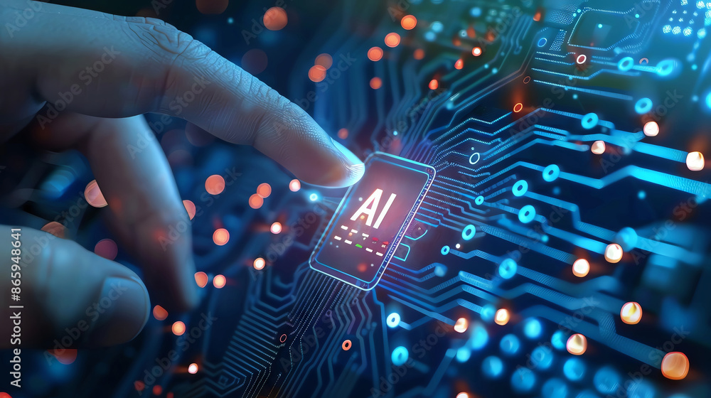 Aufkleber futuristic depiction of ai technology with a human hand interacting with a digital interface represe