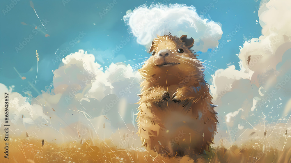 Wall mural a fluffy animal with a black eye and closed mouth stands in a field of tall grass under a blue sky with white clouds, while its brown ear is visible in the foreground - Wall murals