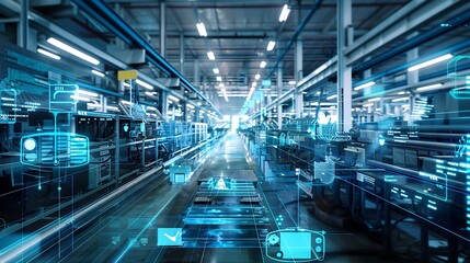 futuristic factory floor with holographic interfaces, advanced manufacturing