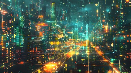 Obraz premium Hyper Connected Cityscape Futuristic Digital Network Lattice with Glowing Neon Lights