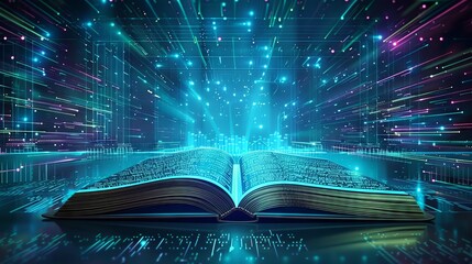 Open book with glowing virtual data streams, representing digital education, technology, and knowledge transfer in a futuristic setting.
