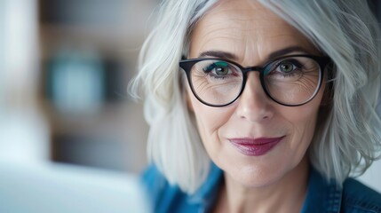 Portrait of a mature woman with stylish glasses, gray hair, and confident expression. The background is blurred, highlighting her face.
