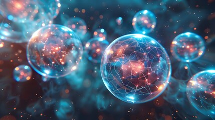 Obraz premium Interconnected Global Communication Nodes Floating Holographic Web of Tactile Retrofuturistic Data