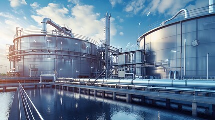Obraz premium sprawling industrial petrochemical plant with storage tanks, morning light, heavy industry