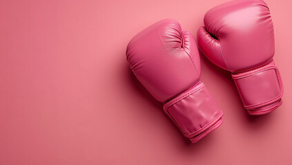 Symbolic pink boxing gloves representing women s rights and breast cancer awareness on pink background Copy space provided Mock up
