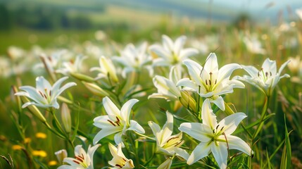 field of flowers, lily flowers close up, Afternoon time, whimsical and Idyllic nature. vibrant with high resolution photography, copy space for text banner background