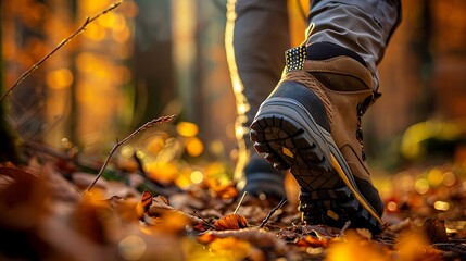 Naklejka premium hiker's boots on forest trail with autumn leaves, golden morning light, human-nature connection
