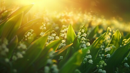 lily of the valley flowers close up, dawn time, whimsical and Idyllic nature