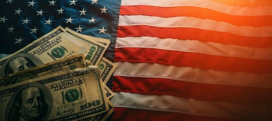 Dollar money with America flag background. 4th of July or America independence day. Generative AI technology.