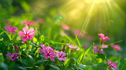 
Beautiful meadow of vinca flowers close up, Afternoon time, whimsical and Idyllic nature. vibrant with high resolution photography, copy space for text banner background