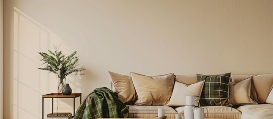 Elegant and stylish interior design with space for text, beige couch, tabletop, green plaid, and books against a beige wall. Simple and modern home decoration.