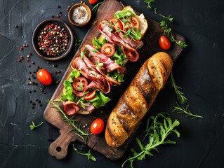 Wooden cutting board with sandwich and veggies