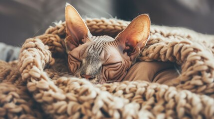 Obraz premium Lovely Sphynx cat snuggled in a cozy blanket at home close up with room for text Adorable pet