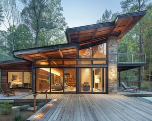 Fototapeta premium Modern glass house nestled in a forest showcasing stunning architecture, spacious deck, and serene surroundings at twilight.