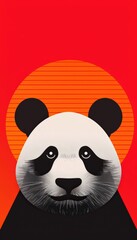 Modern graphic illustration of a panda bear with a bold red background and orange sun. Ideal for creative, artistic, and design projects.