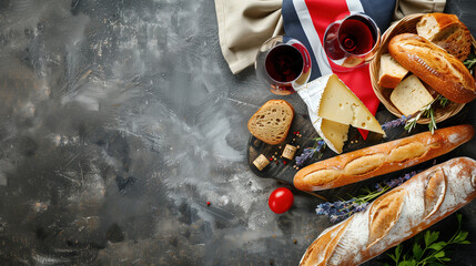 Bastille Day background, Top View of French Flag, Baguette, and Wine on Grey Stone Table with Copy Space - French Cuisine Concept Banner