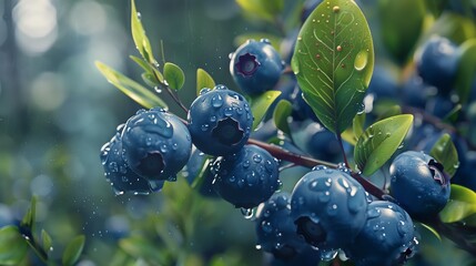 Closeup of blueberries, rich in antioxidants, naturally low sugar, selective focus, superfood theme, dynamic, fusion, forest backdrop