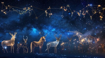 Astrology 12 Horoscope Signs with Fantasy Animals Unicorns Illustration Background Wallpaper 16:9