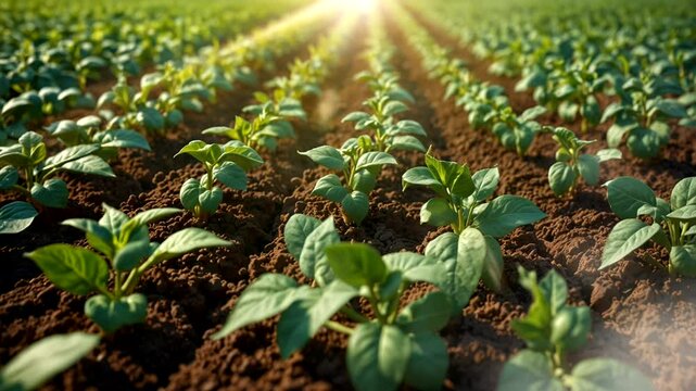 Green vegetable agricultural plants in the field with clear sky