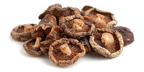 Healthy Gourmet Cooking Ingredient Isolated Dried Shiitake Mushrooms on White Background. Concept Food Photography, Cooking Ingredients, Eating Healthy, Dried Shiitake Mushrooms, White Background