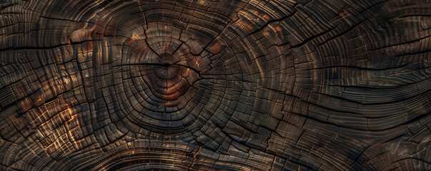 Fototapeta premium Wooden stump background. Round cut down tree with annual rings as a wood grain texture. Cross section of large old tree, dark brown grey color with cracked tree rings. Backyard project cutting trees