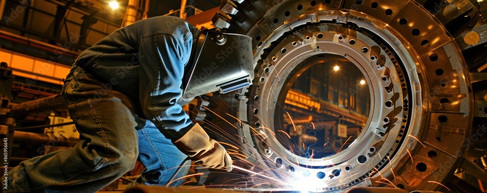 Poster welder working inside a large industrial machine, surrounded by intricate components. the image capt