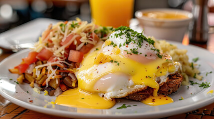 Hearty breakfast plate with poached eggs, hash browns, diced tomatoes, shredded cheese, and orange juice