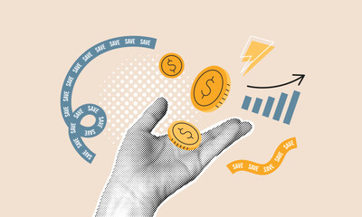 Halftone hand catches illustrated coins. Saving money, financial success collage concept. Words save on bunting tape, grow up graphic. Business image montage design. Vector art.