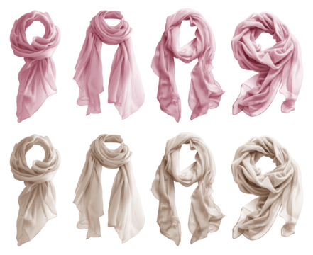 2 Set of pastel light pink beige cream chiffon silk silky flowy soft scarf shawl wrap, front and flat lay view on transparent cutout PNG file. Many different angle. Mockup template for artwork design