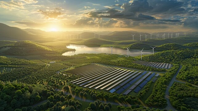 power plant and generating station in front of field background, a hilly, green landscape with solar panels and wind turbines, AI Generative