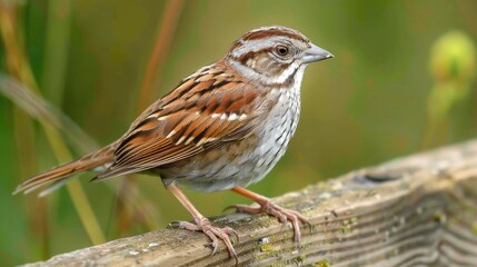 Identification of a Song Sparrow on wooden rail in Victoria BC