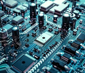 Fototapeta premium A close up of a computer circuit board with many electronic components. AI.
