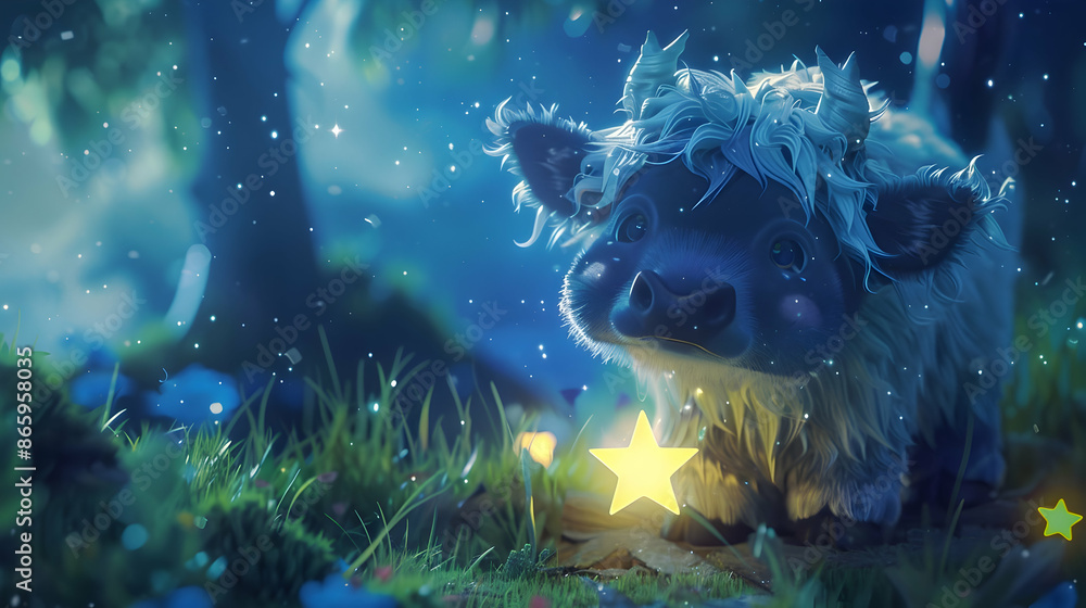 Wall mural a teddy bear with a black nose and blue eye sits in the grass next to a yellow star, while a blue animal looks on in the background