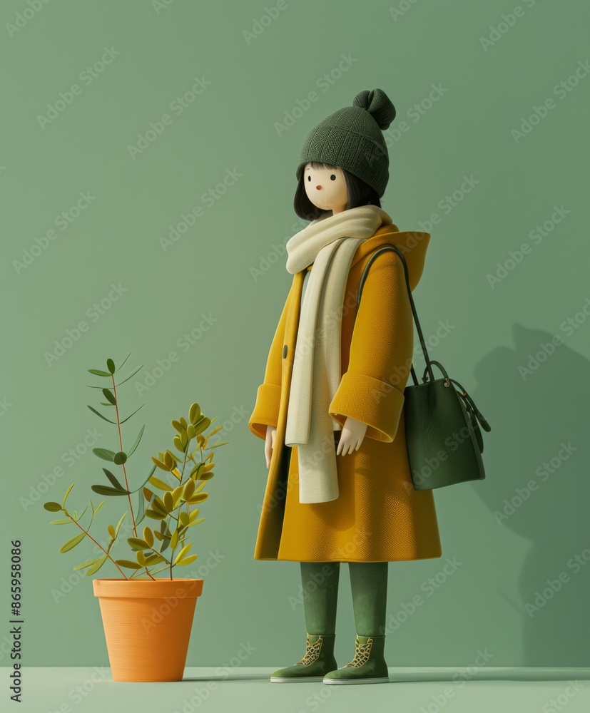 Poster A small figurine of a woman in yellow coat and hat standing next to potted plant. AI.