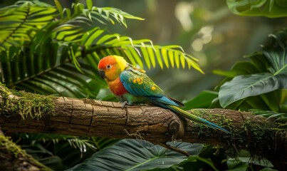 A colorful bird perched on a branch in the middle of lush green foliage. AI.