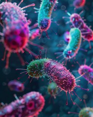 Obraz premium A close up of a group of bacteria with pink and purple colors. AI.