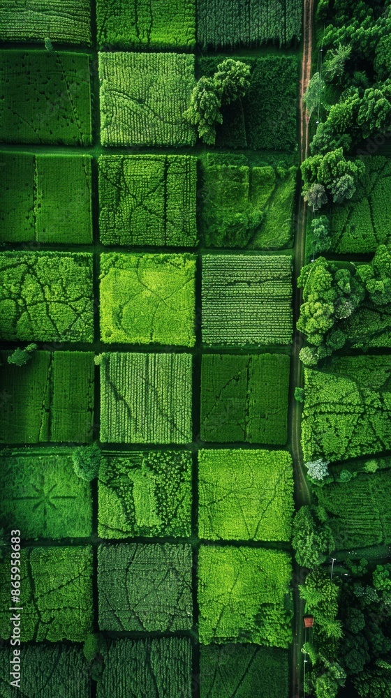 Poster An aerial view of a field with many different sized squares. AI.