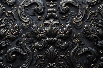 Ornate Black and Gold Baroque Patterned Wall with Intricate Floral and Leaf Designs