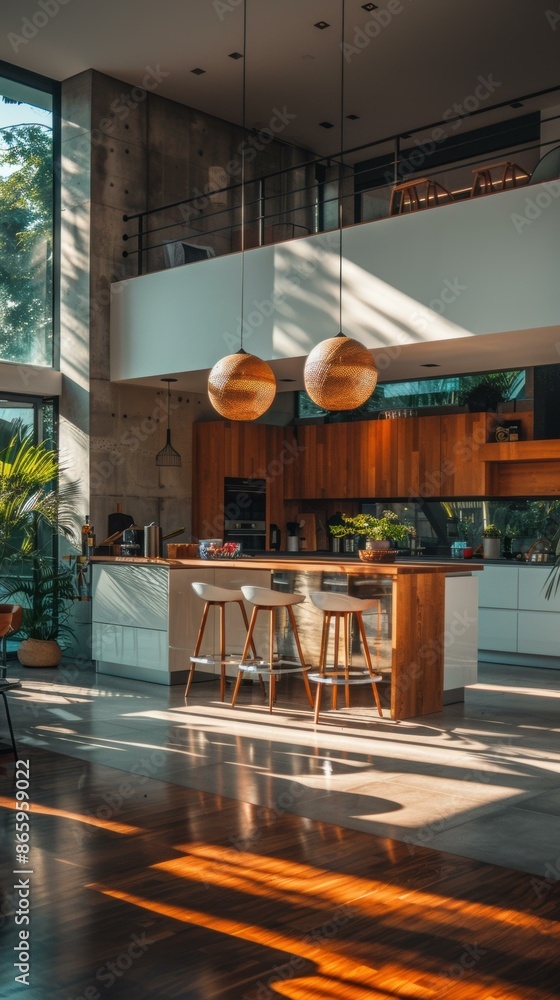 Canvas Prints A kitchen with a large island and two stools in the middle. AI.