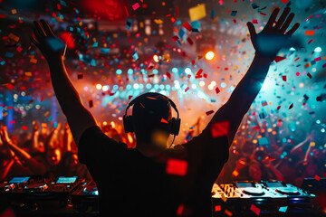 Male DJ. Young man DJ playing music. Rave Party. People are dancing. dj night club party rave with crowd in music festival. Happy people dance in nightclub DJ party concert