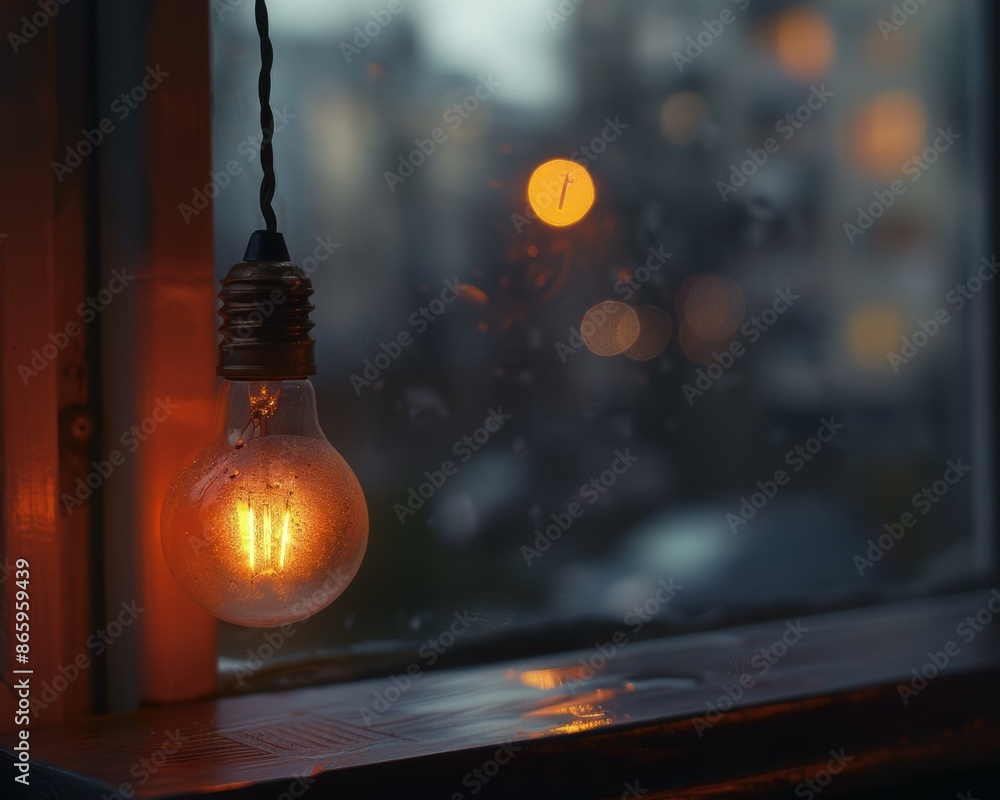 Poster a light bulb hanging from a window sill in front of some lights. ai.