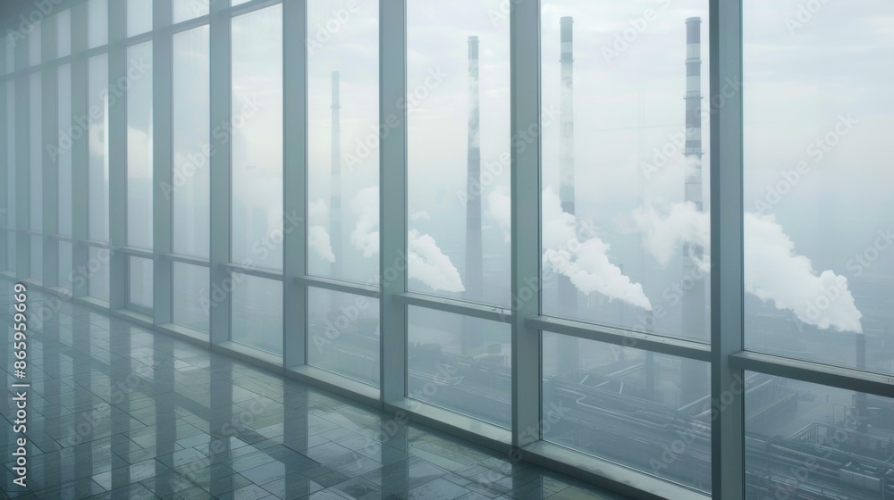 Aufkleber a large window with a view of smoke stacks and factories. ai.